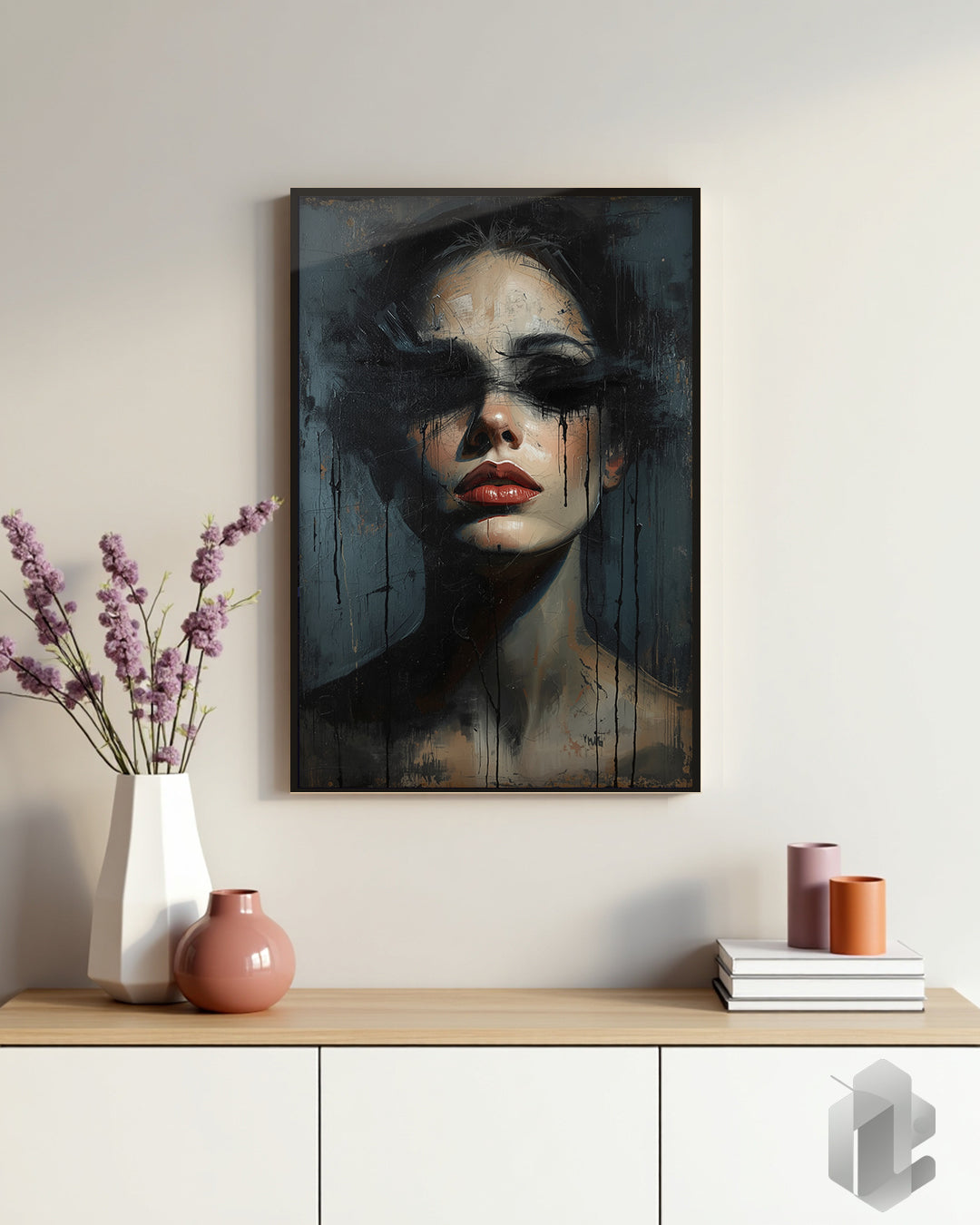 Gerahmtes Poster: Dark Blindfolded woman auf Kommode