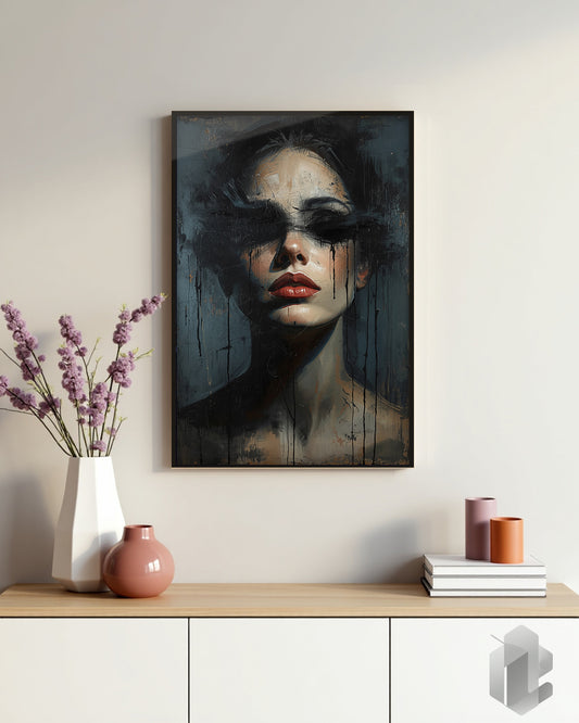 Gerahmtes Poster: Dark Blindfolded woman auf Kommode
