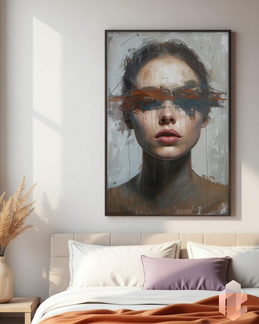 Gerahmtes Poster: Blindfolded Woman Grey im Schlafzimmer