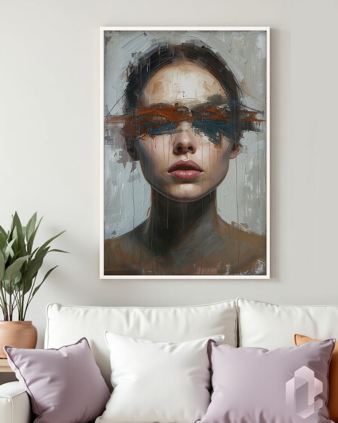 Gerahmtes Poster: Blindfolded Woman Grey Mockup Couch