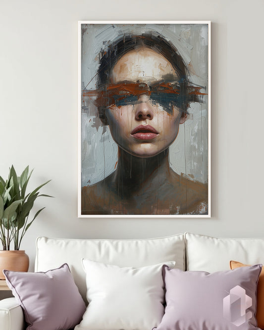 Gerahmtes Poster: Blindfolded Woman Grey Mockup Couch
