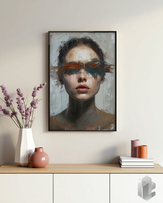 Gerahmtes Poster: Blindfolded Woman Grey auf Kommode