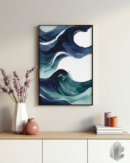 Gerahmtes Poster: Motiv Blue Waves auf Kommode