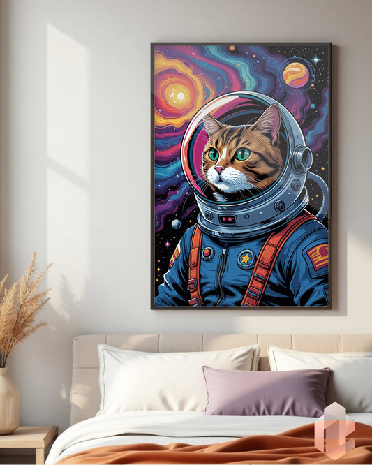 Gerahmtes Poster: Motiv Catstronaut im Schlafzimmer