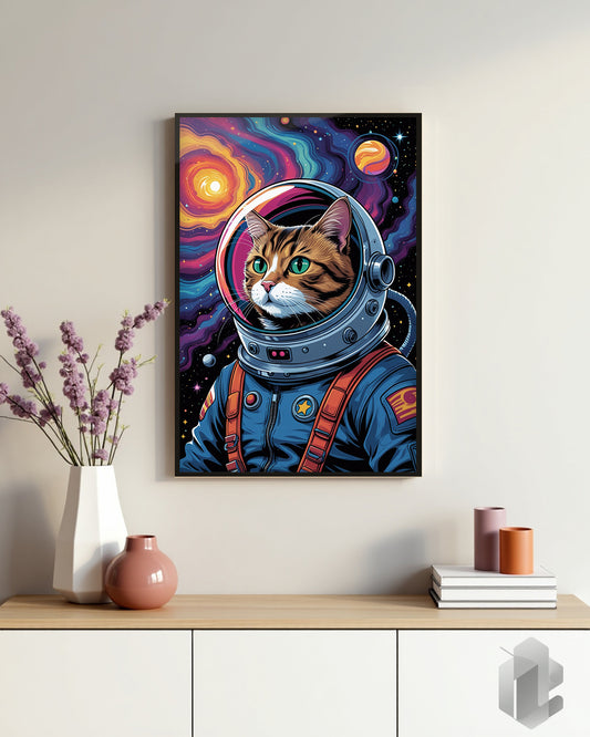 Gerahmtes Poster: Motiv Catstronaut auf Kommode