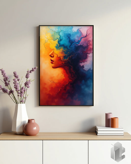 Gerahmtes Poster: Motiv Colorful Face auf Kommode