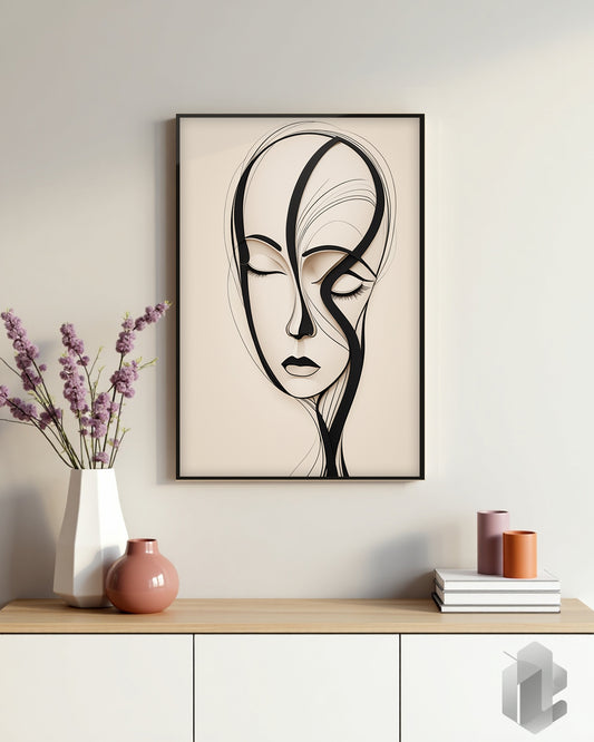 Gerahmtes Poster: Motiv Curved Face auf Kommode