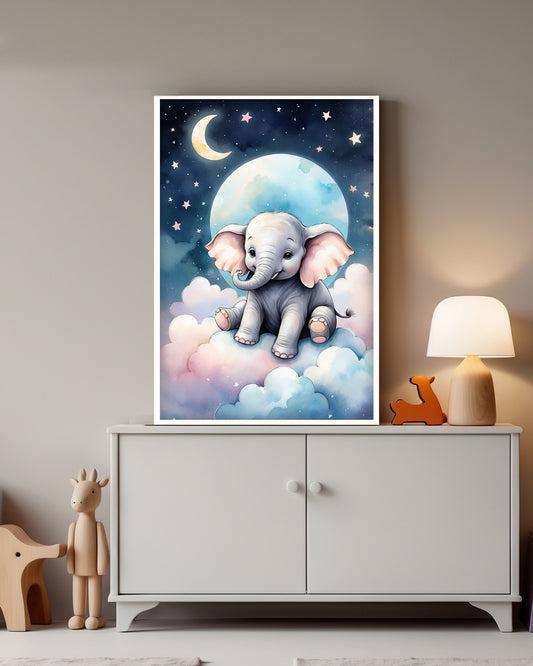 Gerahmtes Poster: Motiv Cute Elephant auf Kinderzimmer Kommode