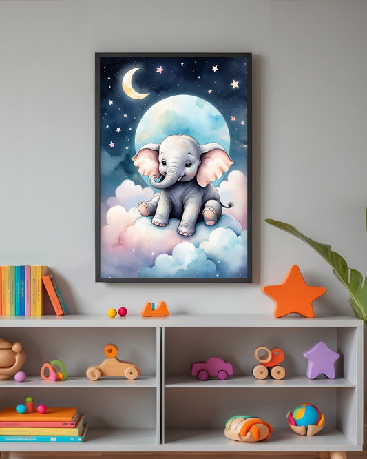 Gerahmtes Poster: Motiv Cute Elephant auf Kinderzimmer Schrank