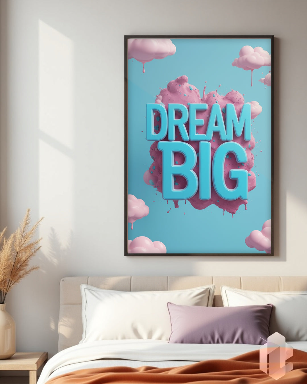 Gerahmtes Poster: Dream Big Quote im Schlafzimmer