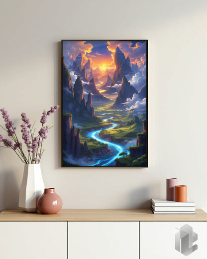 Gerahmtes Poster: Motiv Fantasy Landscape 2 auf Kommode