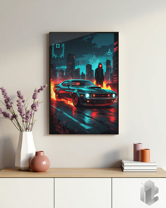Gerahmtes Poster: Motiv Urban Flame Car auf Kommode
