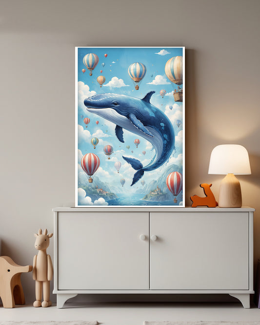 Gerahmtes Poster: Motiv Flying Whale auf Kinderzimmer Kommode