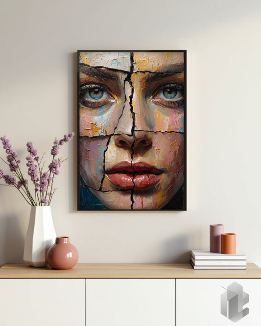 Gerahmtes Poster: Fragmented Face auf Kommode