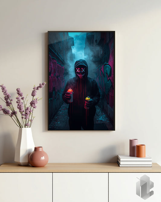 Gerahmtes Poster: Masked Graffiti Artist Neon auf Kommode