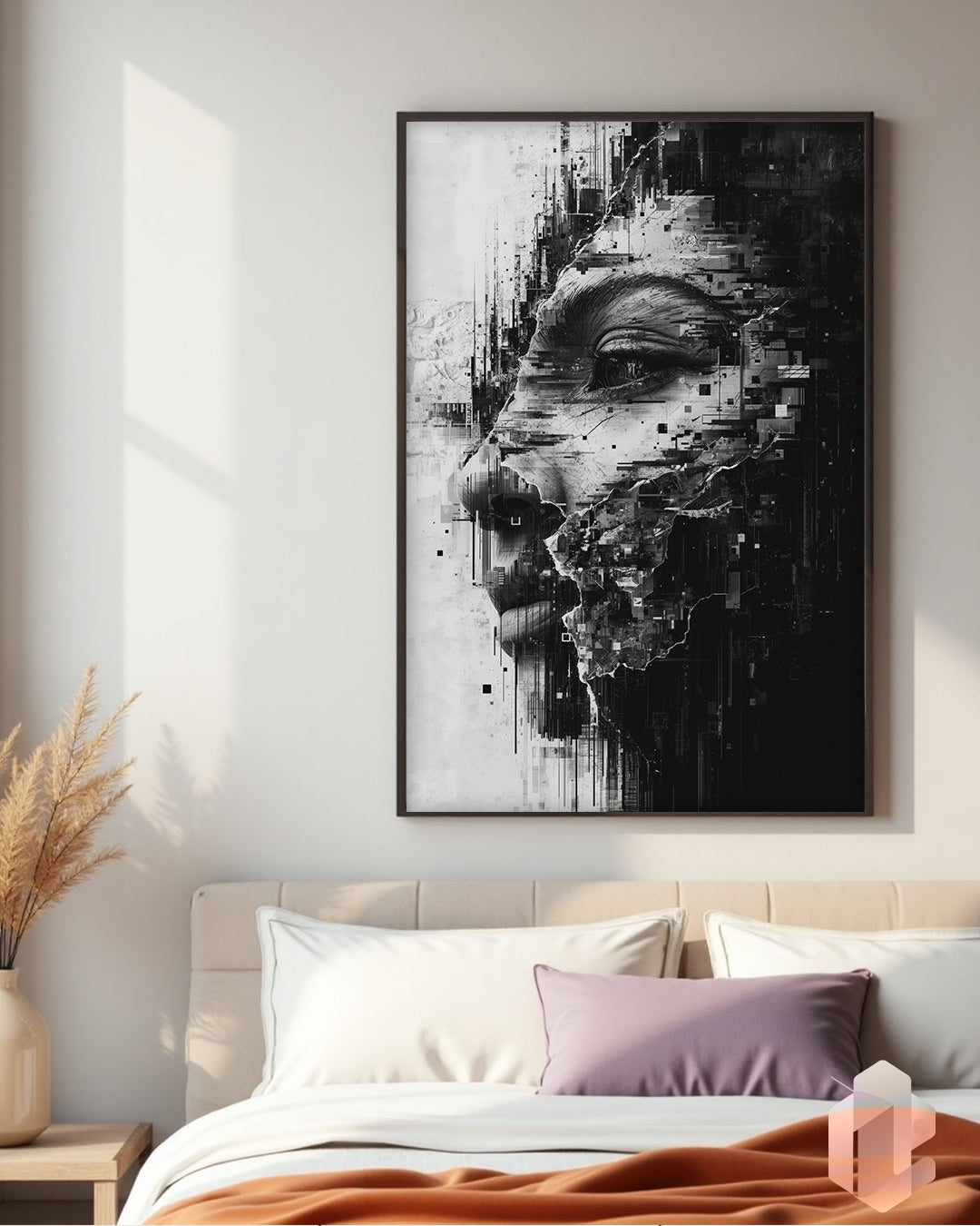 Gerahmtes Poster: Monochrom Glitch Art im Schlafzimmer