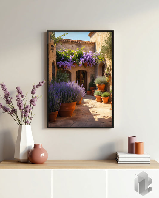 Gerahmtes Poster: Motiv Purple Yard auf Kommode