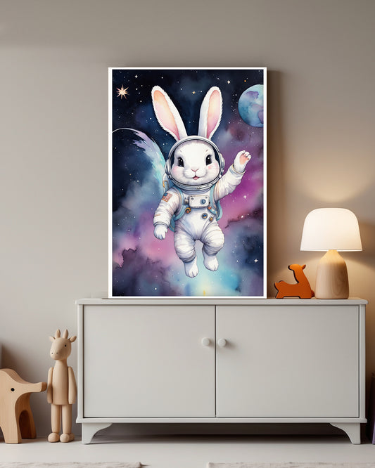 Gerahmtes Poster: Motiv Rabbit in Space auf Kinderzimmer Kommode