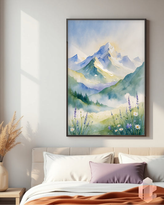Gerahmtes Poster: Motiv Watercolor Mountains im Schlafzimmer