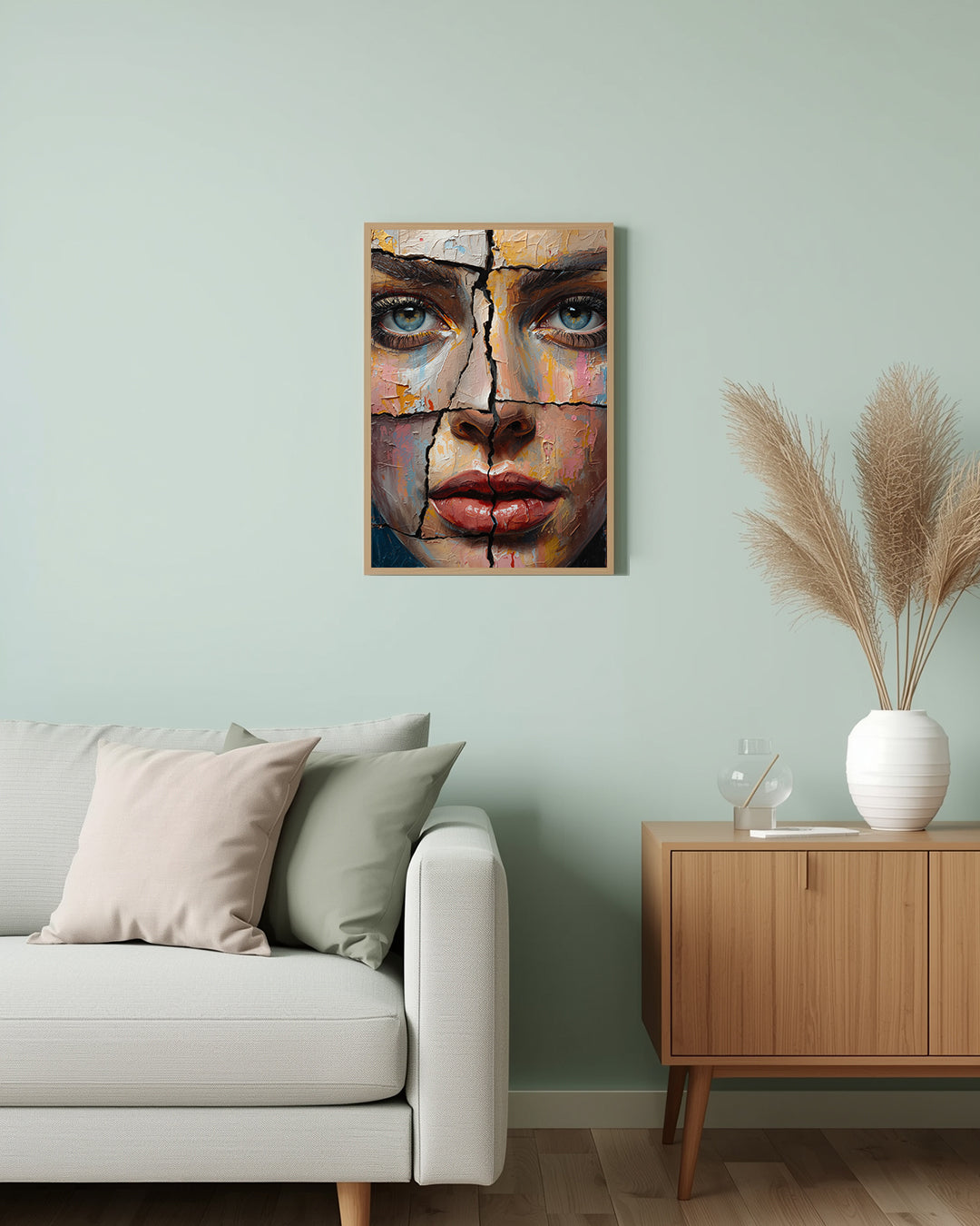 Modernes Porträt einer Frau – ‚Fragmented Face I‘ als abstraktes Kunstposter für kreative Akzente auf Kommode oder Wand.