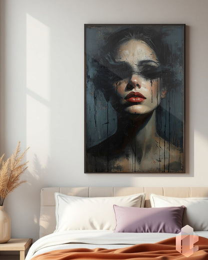 Modernes Poster „Dark Blindfolded Woman“ – stilvolle Wanddeko für alle, die Kunst und minimalistische Ästhetik lieben.