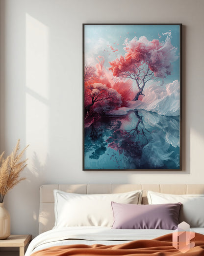 Modernes Poster „Light Mirage“ – beruhigende Naturlandschaft mit Eisbergen und pastellfarbenen Bäumen, ideal für moderne Wohnräume.