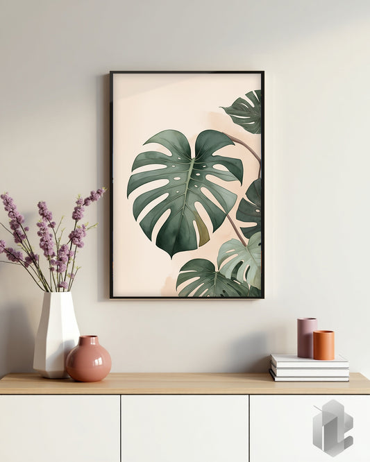 „Monstera Poster“: Tropische Pflanze in grünen Tönen für eine naturnahe Atmosphäre in deinem Raum