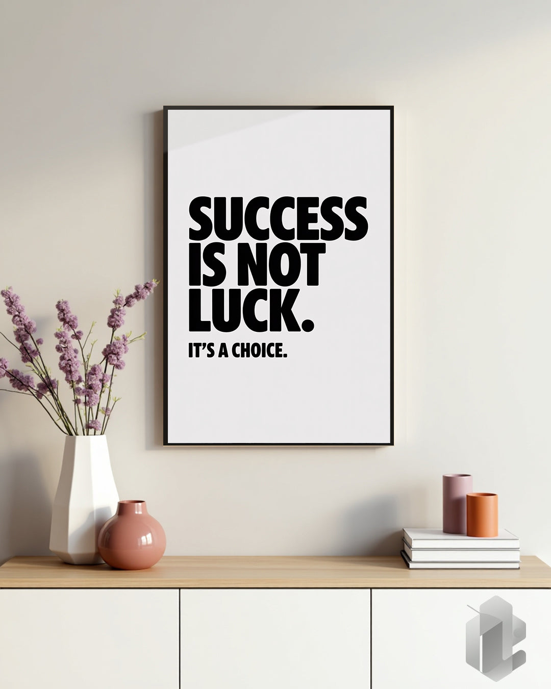 Motivationsposter mit dem Zitat ‚Success is Not Luck; It’s a Choice‘ in minimalistischer Schwarz-Weiß-Typografie, das Entschlossenheit und Eigenverantwortung symbolisiert.