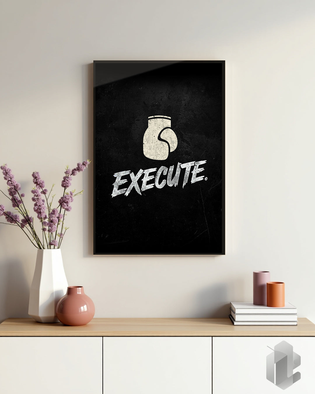 Motivationsposter EXECUTE schwarz auf weiß mit Boxhandschuh Logo