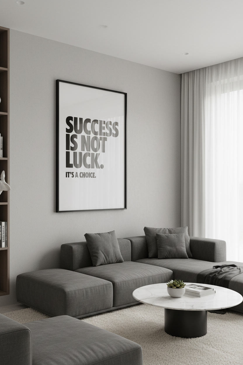 Minimalistisches Poster mit dem kraftvollen Spruch ‚Success is Not Luck; It’s a Choice‘, das Disziplin und aktives Handeln fördert.