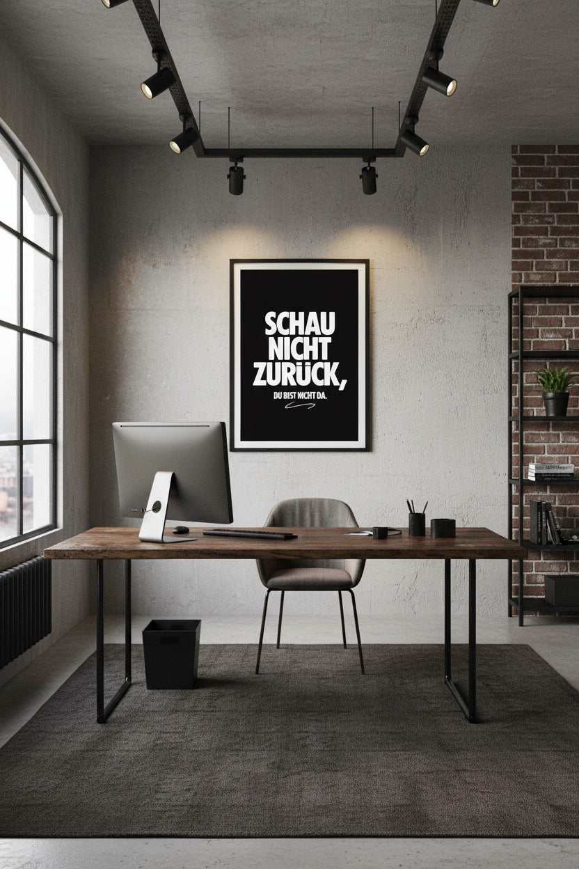 Motivationsposter mit dem Statement ‚Schau nicht zurück, du bist nicht da‘, das Entschlossenheit und den Blick nach vorne symbolisiert 50x70.