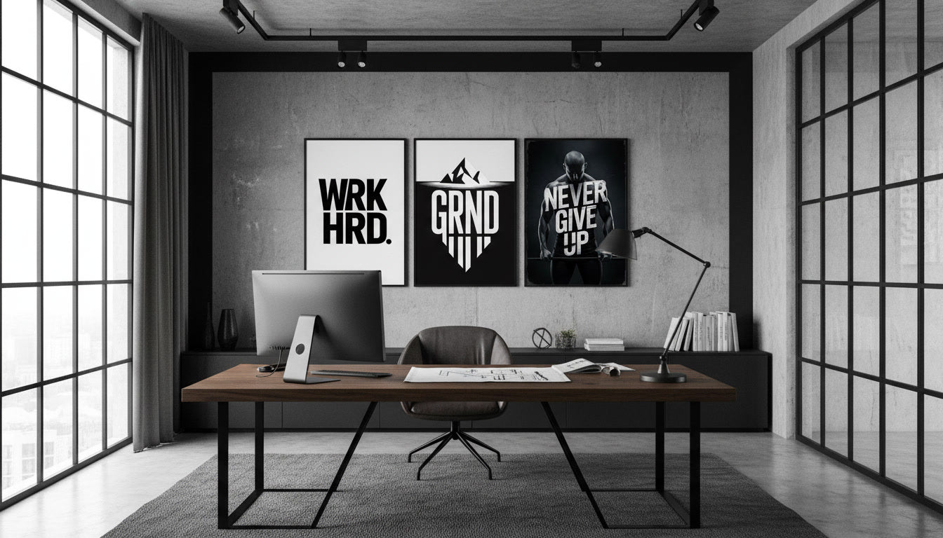 Motivations Poster in modernem Homeoffice für Mindset, Motivation als Poster-Set