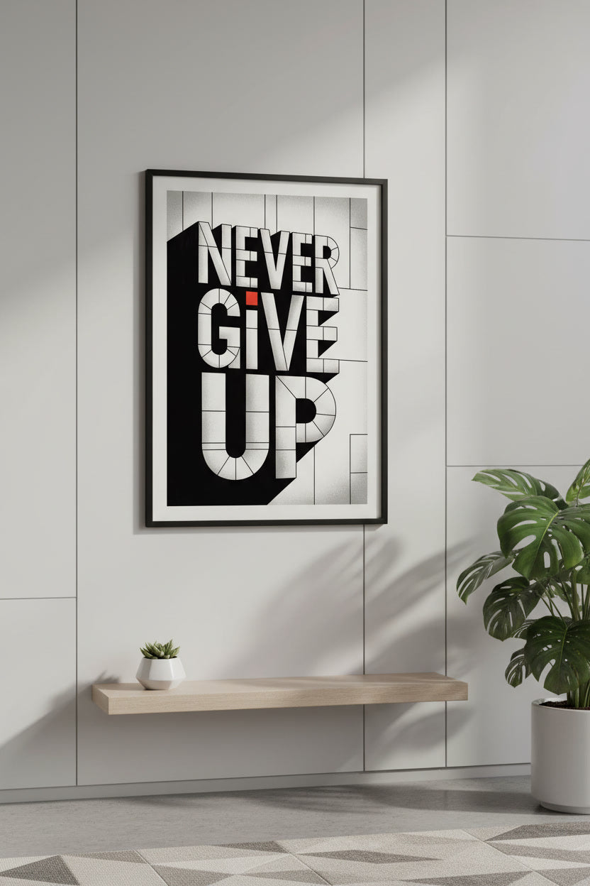 Stilvolles 3D Typografie Poster Never Give Up für Fitness und Motivation