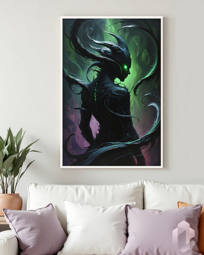 Dunkle Kunst mit mystischer Entität: Poster in lila und grün für geheimnisvolle Räume