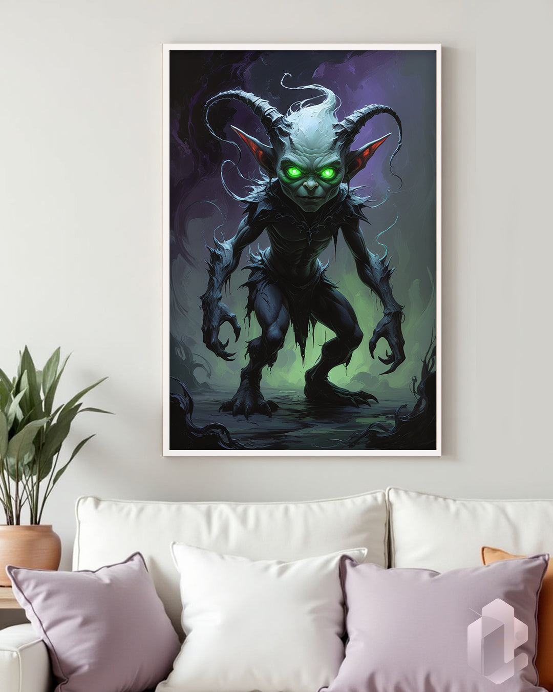 Fantastische Kreatur mit durchdringenden grünen Augen als düsteres Kunstwerk für dein Zuhause