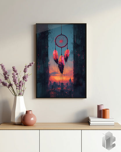 Neon Dreamcatcher – Futuristisches Poster, das die Großstadt mit einem stilvollen Traumfänger verbindet, perfekt für kreative Wandgestaltung im Wohnzimmer oder Büro.