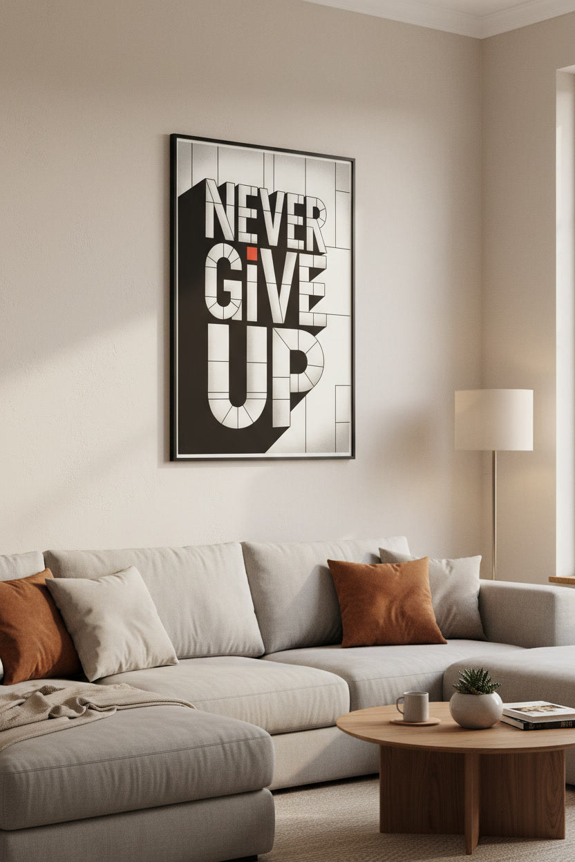 Minimalistisches Poster „Never Give Up“ mit 3D Typografie in Schwarz-Weiß 50x70