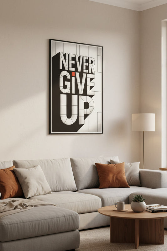 Minimalistisches Poster „Never Give Up“ mit 3D Typografie in Schwarz-Weiß 50x70