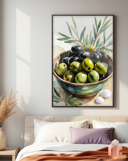 „Olives“ Poster: Klassisches Stillleben von Oliven im warmen, erdigen Farbton für stilvolle Wanddekoration