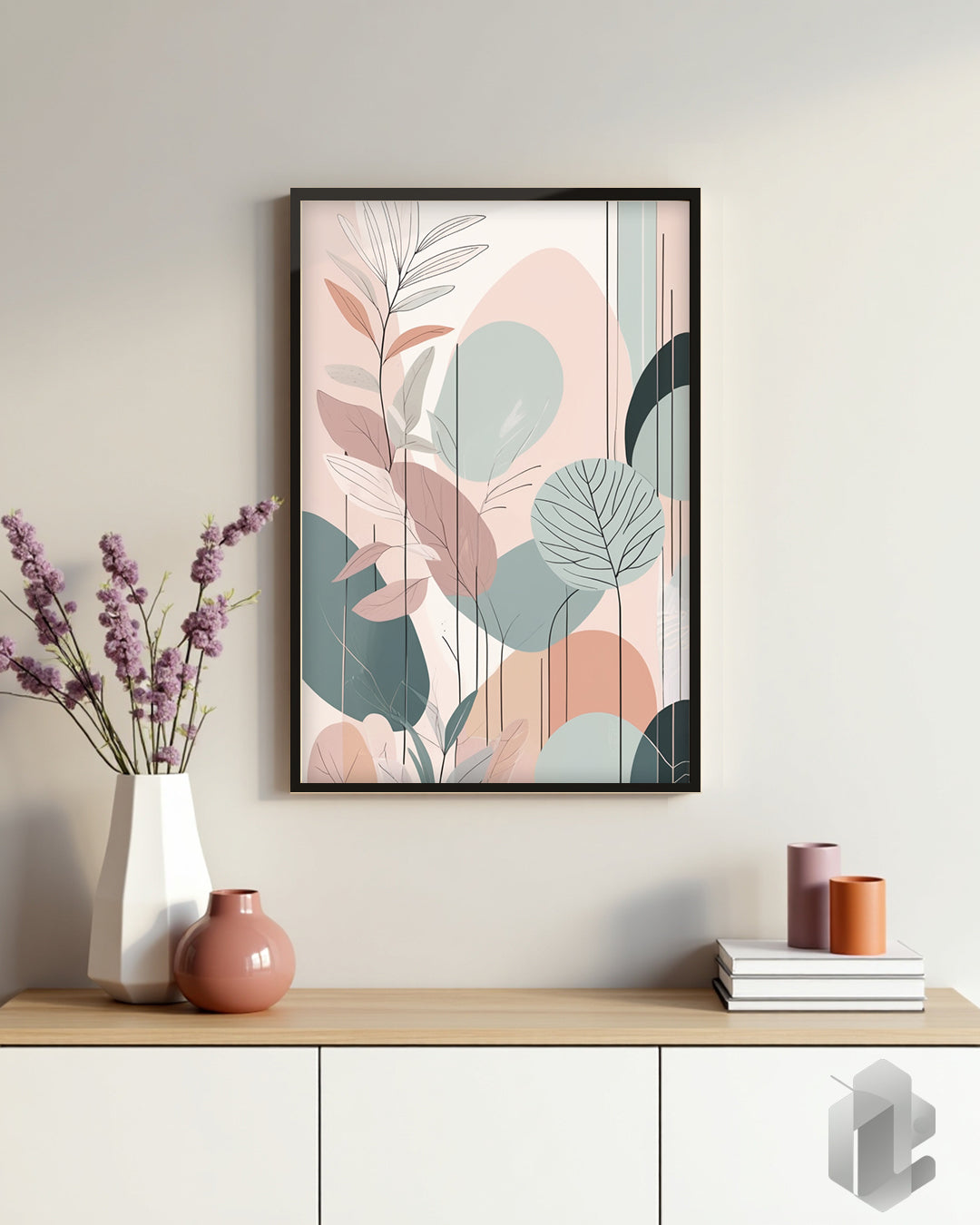 „Pastel Leafs I“ Poster: Sanfte Pastellfarben und minimalistisches Blätterdesign für eine beruhigende Atmosphäre