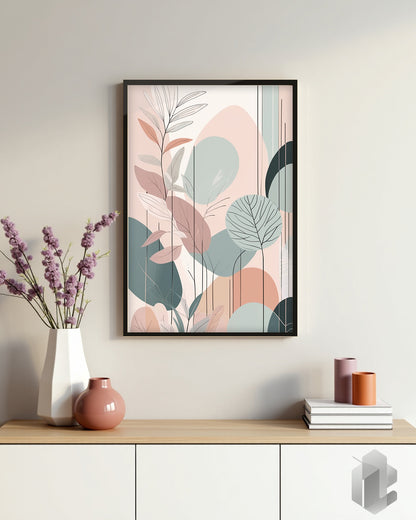 „Pastel Leafs I“ Poster: Sanfte Pastellfarben und minimalistisches Blätterdesign für eine beruhigende Atmosphäre