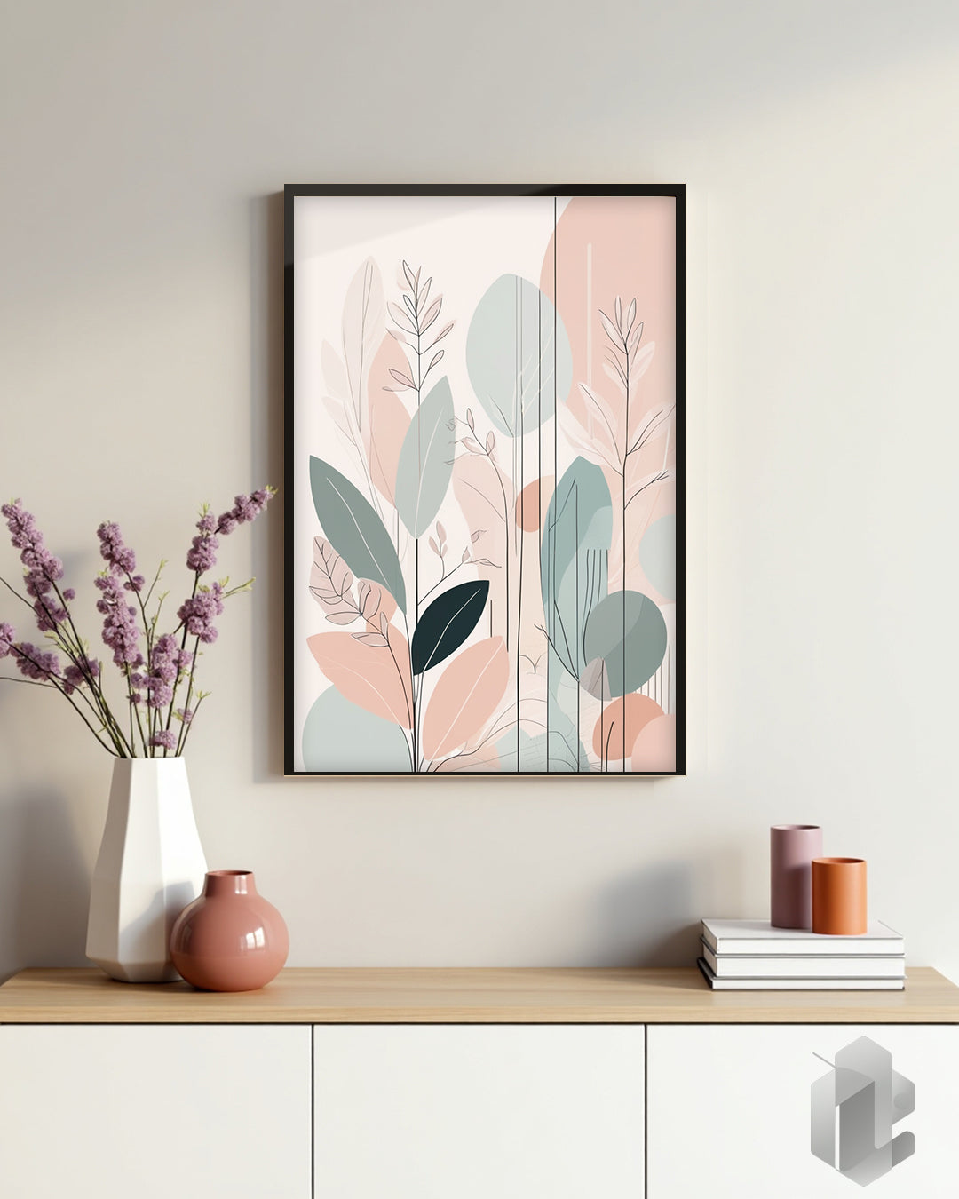 „Pastel Leafs II“ Poster: Sanfte Pastellfarben und minimalistisches Blätterdesign für eine beruhigende Atmosphäre