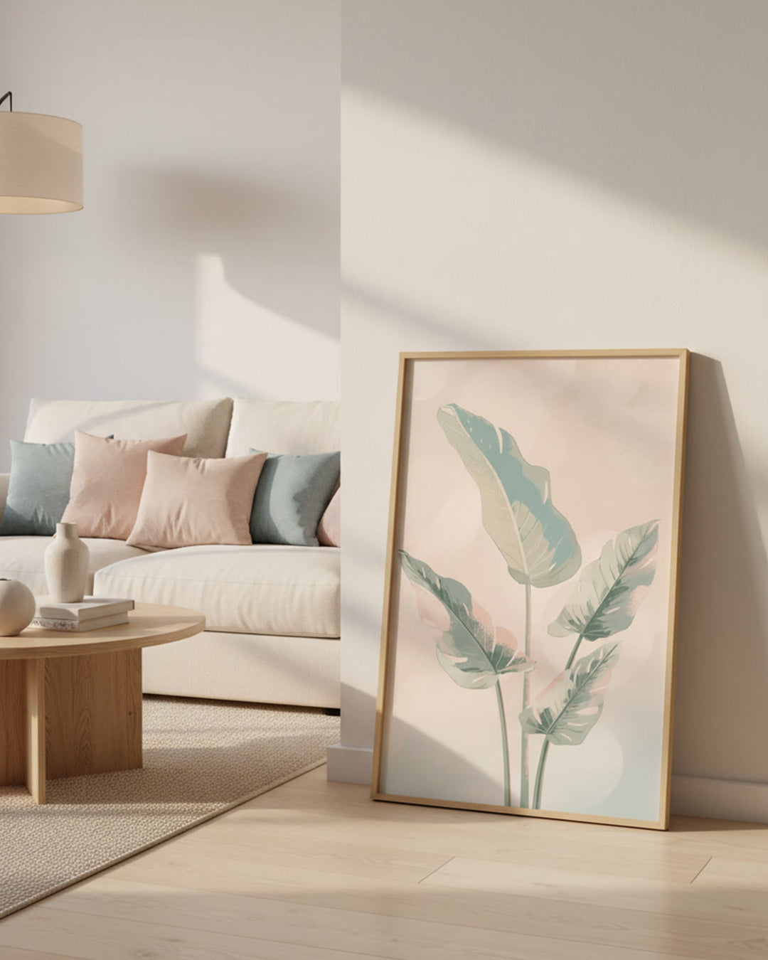Beruhigendes Pflanzenmotiv im Boho-Stil in zarten Pastellfarben – ideales Poster für Schlafzimmer oder Wohnzimmer.