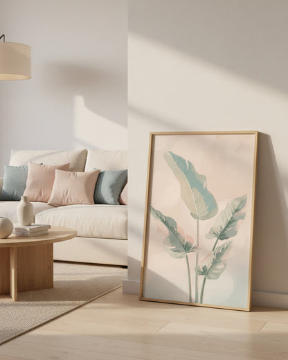 Beruhigendes Pflanzenmotiv im Boho-Stil in zarten Pastellfarben – ideales Poster für Schlafzimmer oder Wohnzimmer.