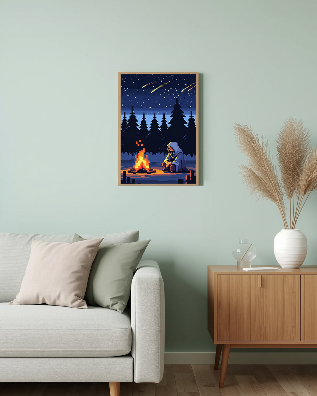 RPG „8bit“ Poster: Pixelkunst von einem Charakter am Lagerfeuer – ideale Dekoration für Rollenspiel-Fans