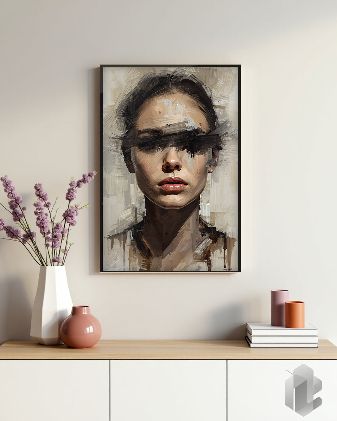 Poster „Blindfolded Beige“ – abstraktes Portrait in sanften Beigetönen für Wohnzimmer, Esszimmer, Flur oder Büro.