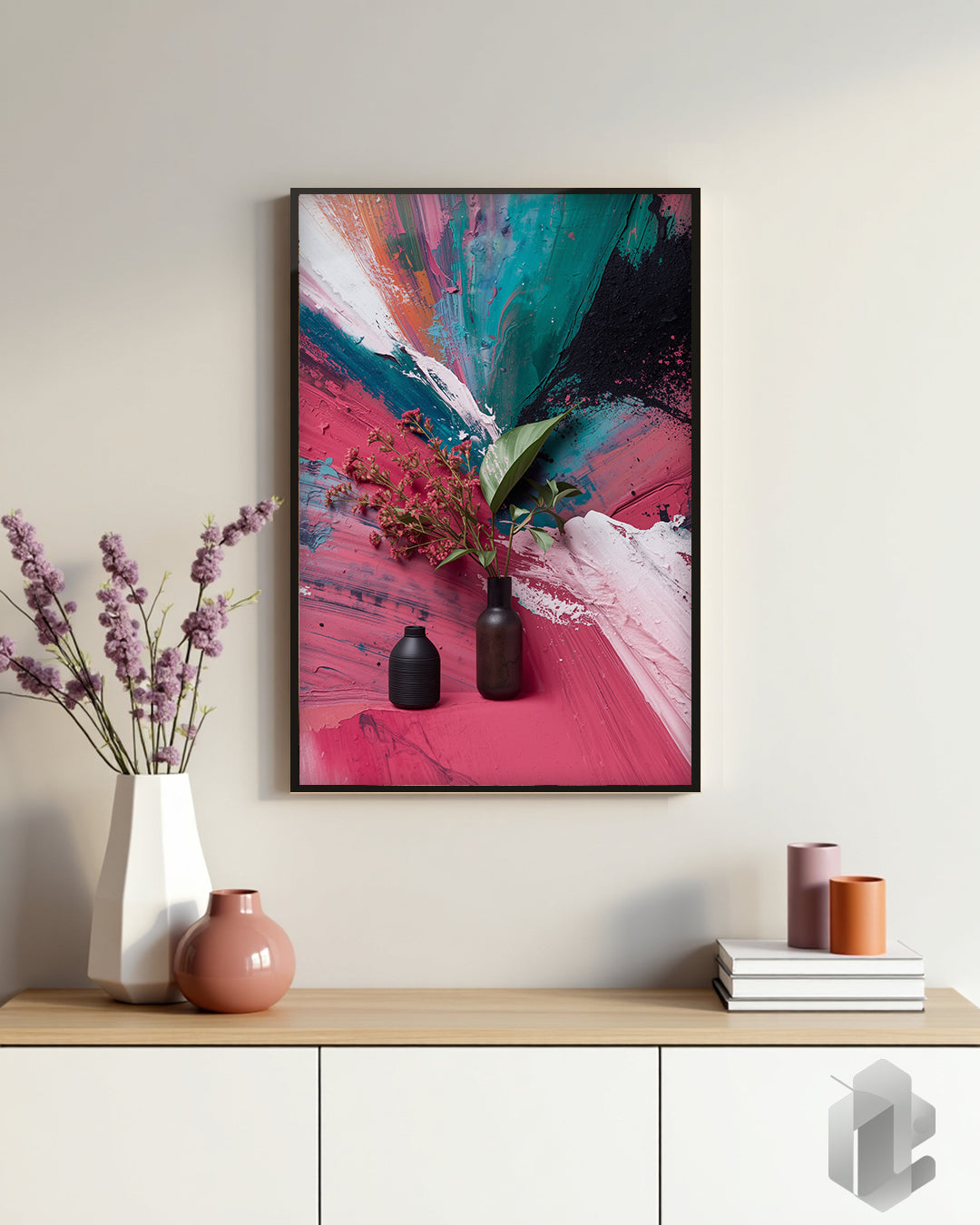 Poster „Colors & Plants“ – harmonische abstrakte Farbkombinationen mit stilvollen Vasen und Pflanzen für Wohnzimmer, Büro oder Flur.