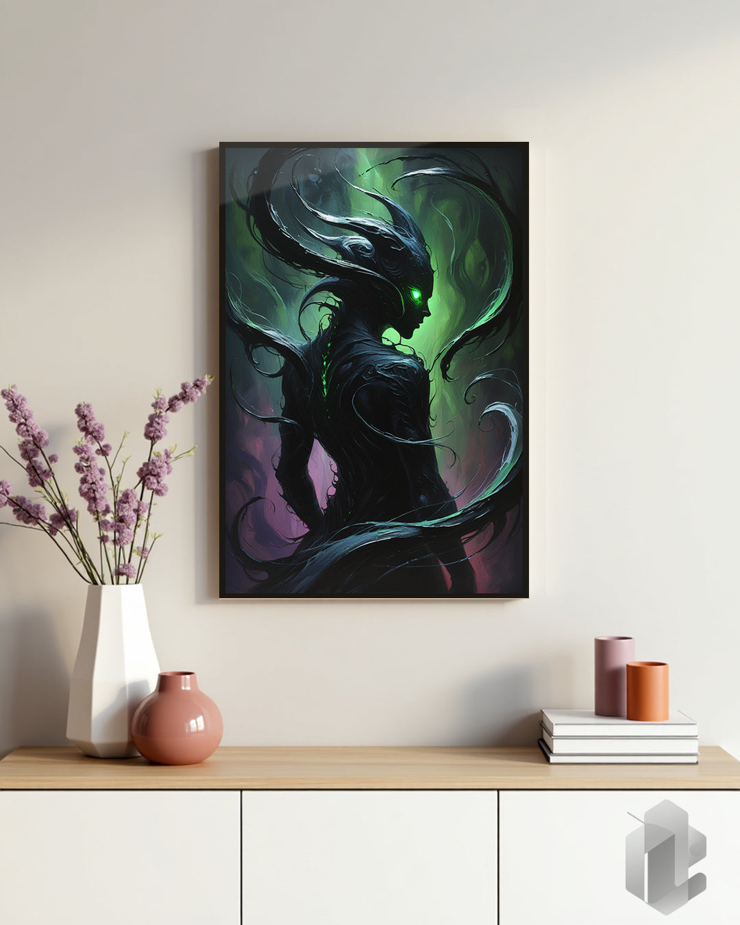 Dark Entity Poster: Mystische, düstere Gestalt mit leuchtenden Akzenten für eine kraftvolle Wandgestaltung