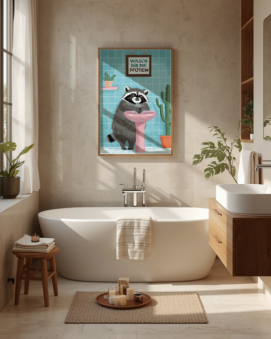 Humorvolles WC Poster Waschbär mit Spruch – buntes Wandbild 50x70