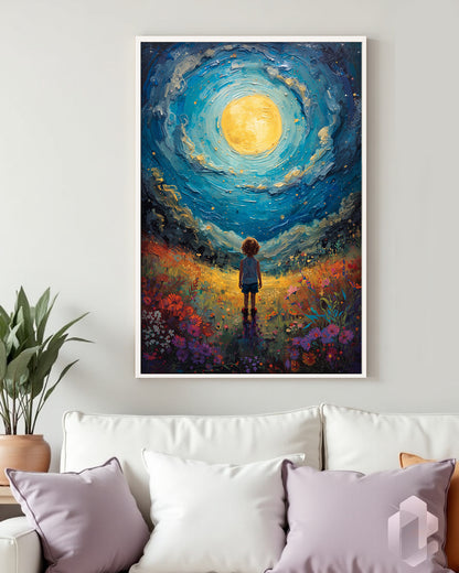 antasieanregendes Poster „Gazing Child“ mit einem nachdenklichen Kind, das Kreativität weckt